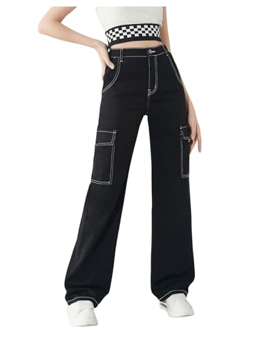 WDIRARA Girl's High Waist Zip Up Denim Pants Straight Leg Cargo Jeans with Pockets3