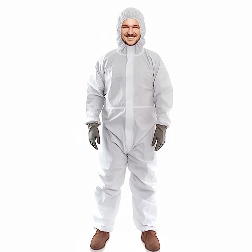 AMZ Medical Supply Disposable Coveralls with Hood, 5X-Large. Pack of 25 White Microporous Lab Coveralls Disposable. 60 GSM Painters Suit Disposable with Storm Flap Zipper Cover. Hazmat Suit