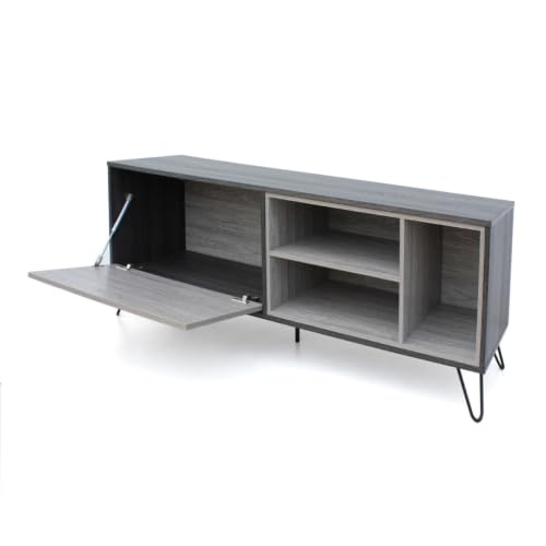 Image of Flux Engineered Wood TV Cabinet & Entertainment Unit | Modern TV Stand with 1 Flip-Down Door & Open Storage Shelves | Media Console for Living Room | Hairpin Legs | Grey & Charcoal Finish