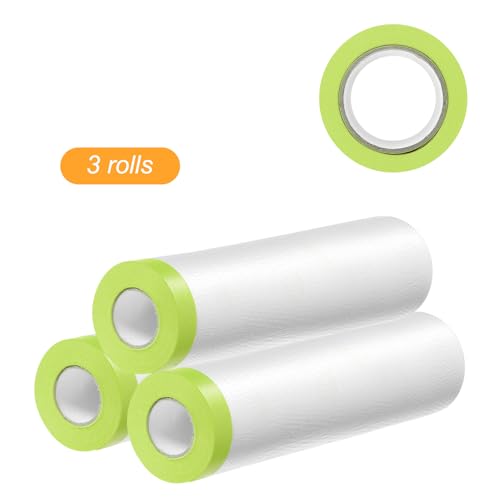 Image of HARFINGTON 3 Rolls Pre-Taped Masking Film 59.1 inch x65.6ft Tape and Drape Painters Plastic Drop Cloth Film with Tape Plastic Sheeting for Automotive Painting Covering, Green