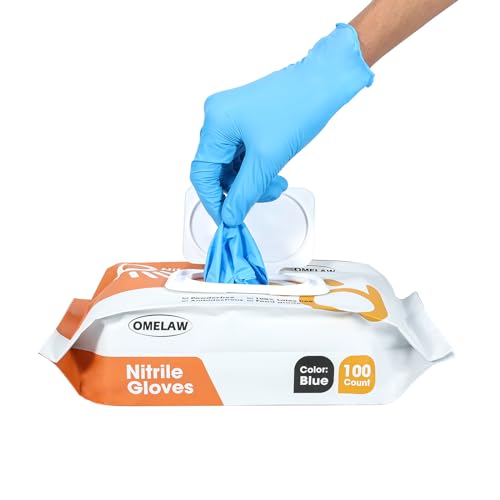 OMELAW M Blue Nitrile Gloves Portable Package with a Re-sealable Cover, Powder-free Latex free, pack of 100 (Medium)