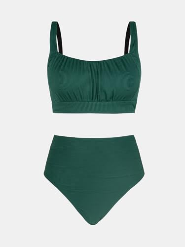 Image of CUPSHE Women's Tummy Control High Waisted Bikini Set Textured Bathing Suit | Removable Soft Cups, Ruched, Adjustable Wide Straps, Ribbed Texture, Twist Back Detail, Full Coverage, Sporty, Beach Vacation