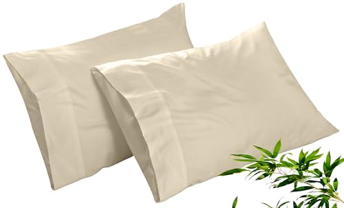 Image of Royale Linens Cooling Pillow Cases Standard Size Set of 2-100% Rayon Derived from Bamboo Cooling Pillowcase for Hot Sleepers - Soft & Silky Pillow Covers with Envelope Closure (Sand 20x26 Inches)