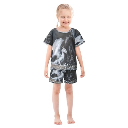 ALAZA Black White Dragon Egg Pajamas Set Short Sleeve Cotton Sleepwear Summer Pjs 2 Piece 5-14Y3