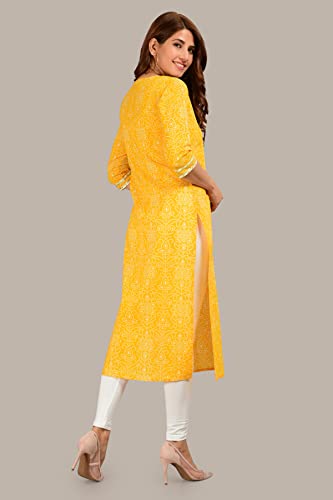 Image of COTLAND Fashions Jaipuri Cotton Straight Printed Kurta for Women (Sunflower Yellow)