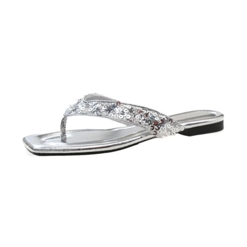 HBJWOV Flat Bottomed Silver Sequin Flip Flops For Women's External Wear Toe Flip Sandals