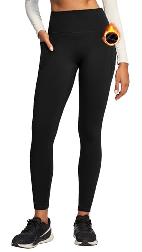 Ewedoos Fleece Lined Leggings Women Tummy Control with Pockets No Front Seam Warm Thermal Leggings Winter Running Yoga Pants Black