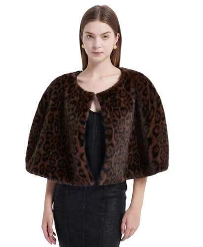 Women Leopard Faux Mink Fur Shawl Vintage Front Open Plush Shoulder Cape Luxury Winter Capelet