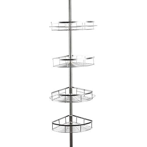 Lonior Telescopic Shower Caddies Stainless Steel Adjustable Shower Corner Shelf Bathroom Shower Organiser Holder Pole Height 1.1 to 2.8m with 4 Tier Storage Basket 2 Towel Rail Cover