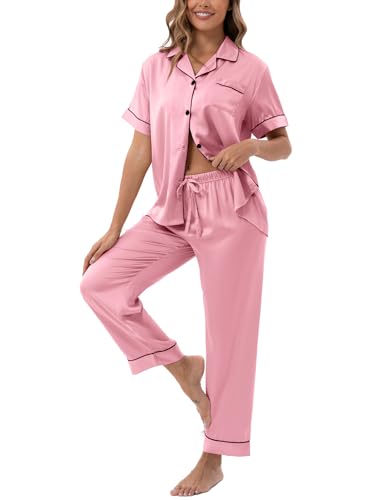 Image of UMBY Silk Satin Pajamas for Women Set 2 Piece button down Soft Silk Pjs Sets Cozy Silky Pajama Short Sleeve