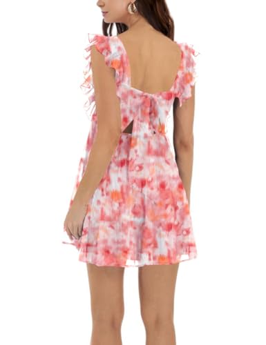 Image of Women's Summer Square Neck Tie Back Ruffle Sleeve Tiered Casual A-Line Short Mini Dress