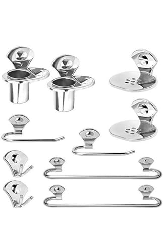 Image of Filox Stainless Steel Bathroom Accessories Set | Wall Mounted Bathroom Set with Towel Rod, Soap Dish, Tumbler Holder & Hooks | Rust Proof Heavy Duty Bathroom Organizer Set (Set of 10 Pieces)