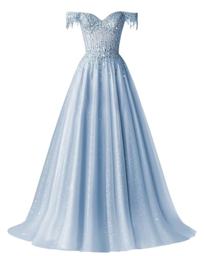 XYNGZOR Dusty Blue Off Shoulder Tulle Prom Dresses 2026 Sparkly Beaded Ball Gowns Corset Formal Evening Dress Size 14