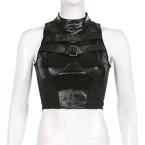 Gothic Leather Halter Cropped Tanks Sexy Split Bandage Backless Skinny Corset Top Punk Style Solid Black PU Vest Ladies4
