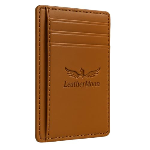 Slim Minimalist RFID Blocking Front Pocket Leather Wallet for Men and Women, Credit Card Holder with ID Window, Ample Storage, Compact Design, CARAMEL
