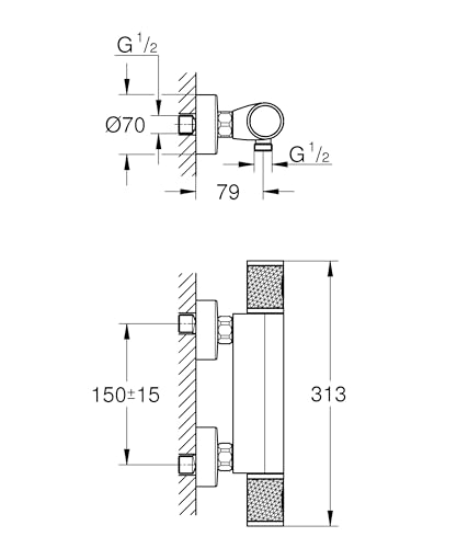GROHE Precision Feel, Duscharmatur, wassersparend (Thermostat hält Temperatur konstant, Mischbatterie mit kühler Oberfläche, Sicherheitssperre 38°C, Anti-Rutsch Griffe, mit 3in1 Tool), chrom, 34790000