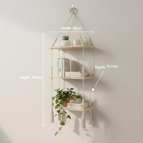 Image of 3-Tier Hanging Shelf with Wall Hook, Use Decor Plants, Books, Decorative Gift Items Nursery Livingroom Wooden Beads & Ring, Tassels Woven Bohemian