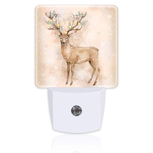 Image of Winter Christmas Deer Night Light for Kids,Deer Horns Decorated with Fir Branches and Lights Night Light Plug in with Dusk to Dawn Sensor,0.5w Energy Saving Nightlight for Hallway Stairway Bedroom