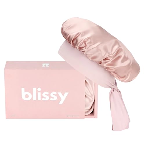 BLISSY 100% Mulberry Silk Bonnet for Sleeping Women 22 Momme Adjustable Bow-Tie Hair Bonnet for Curly & Long Hair (Pink)