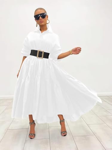 Image of Women's Long Sleeve Maxi Shirt Dress Elegant Button Down Loose Swing Party Dress