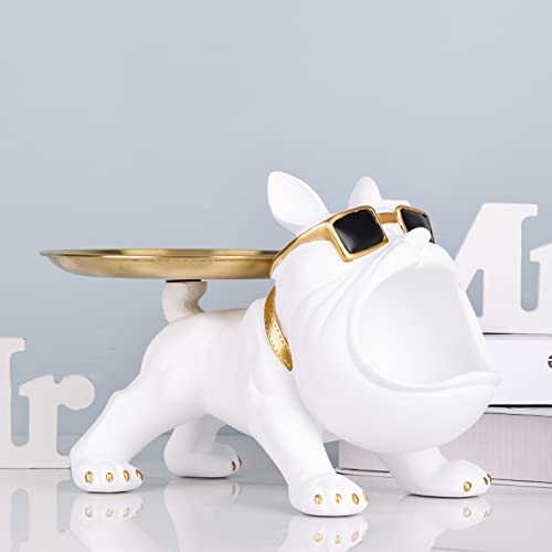 White Key Bowl For Entryway Table,White And Gold French Bulldog Statue With Tray,Candy Dishes For Candy Buffet,French Bulldog Gifts Sculpture Decor,Modern Art Home Decor,Dining Table Small Object Tray #TOP3