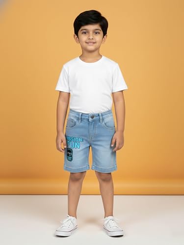 Image of KiddoPanti Boys Knee-Length Denim Shorts | Stretchable Cotton Poly Denim | Comfortable Fit with Button Elasticated Waistband & Zip Fly