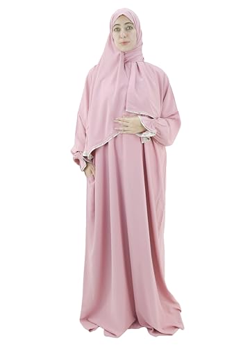 One Piece Prayer Dress for Women Premium Crepe Fabric Isdal with Attached Scarf & Pocket Lightweight Islamic Salah Wear (Pink (150 cm) Length)