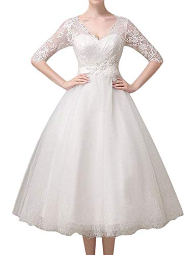 Tea length wedding dress lace bridal dress half sleeves ivory 28w