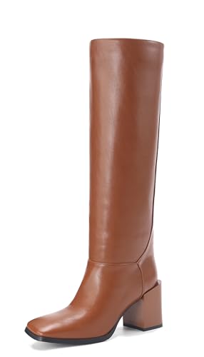 Image of Women's Knee High Boots Chunky Heel Square Toe Side Zipper Tubular Leg Soft Brown PU Leather Classic Fashion Dress Long Boots 6M