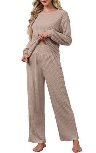 CheChury Conjunto Punto Mujer Conjuntos de 2 Piezas Mangas Largas Jersey y Pantalones Pierna Ancha Chic y Elegante Traje de Casa Cómodo Pijamas Holgado Casual Conjunto Chandal Mujer Completo Invierno