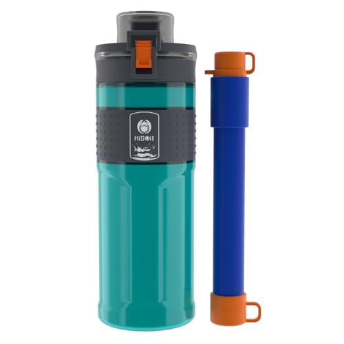 HISOIT Filter Water Bottle with Life Straw Outdoor Water Purifier and Water Filtration Bottle Survival Emergency Hiking Travel and Backpacking Kits 0.01μm Ultra-Filtration BPA Free 17oz Green