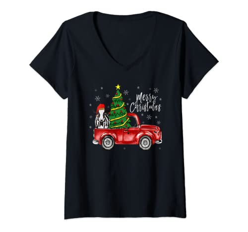 Mujer Funny Vaca Truck Feliz Navidad Vaca Heifer Amante Granjero Navidad Camiseta Cuello V