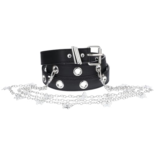 Black Studded Belt with Detachable Chain, Women Belts Fashion, Punk Rock Chain Belts for Women Fashion, Adjustable Grommet Waist Emo Belt for Jeans and Dresses - Main Image