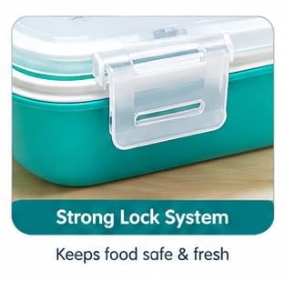 Image of Bento Lunch Box with 2 Compartments, Sauce Cup & Cutlery, Teal