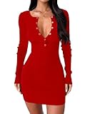 BONITEE Womens Long Sleeve Sweater Dresses 2026 Fall Sexy Deep V Neck Button Up Bodycon Dress Cocktail Party Knit Short Dresses Red,S