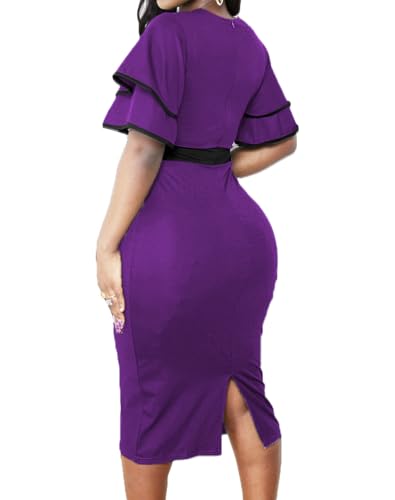 Image of Xinlees Women's Bodycon Pencil Dress Sexy Short Ruffles Sleeve Clubwear Basic Fitted Outfits Casual Midi Dresses