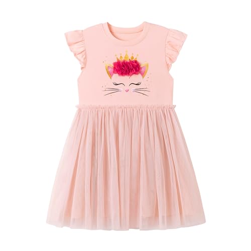 QHKEPW Girls Summer Kids Dress Clothes Cat Toddler Clothing Casual Short Sleeve Round Neck 3-4 Years Old Pink