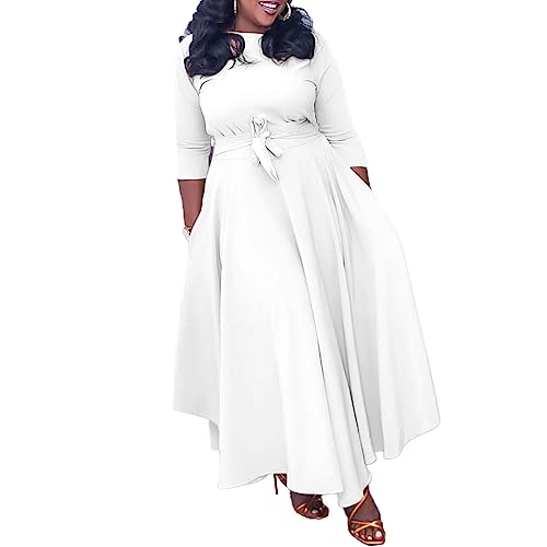 Image of Hostoyo Women Plus Size Formal A Line Maxi Dress Self Tie Waist with Pockets Elegant Round Neck Swing Long Dresses