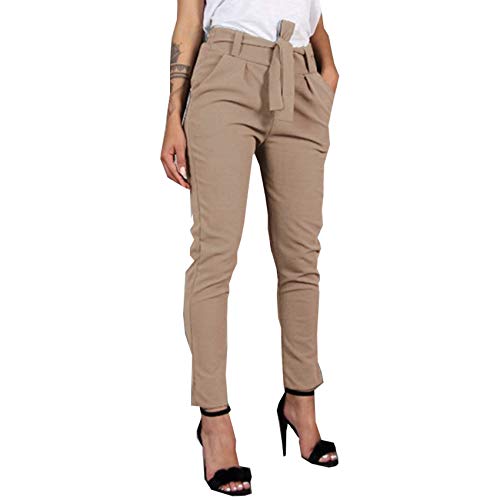 WAEKQIANG Calças finas de chiffon finas casuais calças verdes de cor caqui pretas de cintura alta para mulher calças de mulher, Dióspiro, XXL