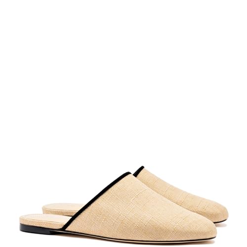 Venice Flat Mule In Beige Raffia And Black Trimming2