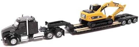 Diecast Masters 1:87 Black Kenworth Semi-Truck, Lowboy, 320D L Excavator