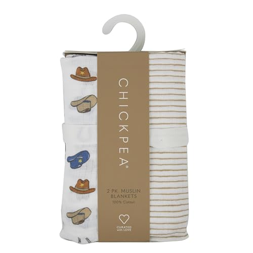 Image of Chick Pea Muslin Baby Blanket for Boy Large 36x40 2pack Cowboy Hat Striped