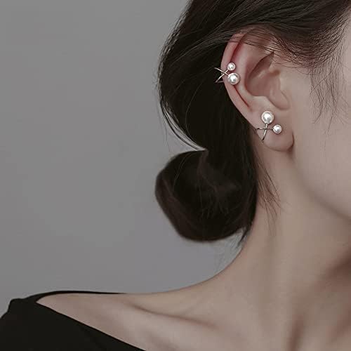 Dainty Pearl Ear Cuffs Wrap Earring Sterling Silver Plated Cross Criss Cartilage Fake Helix Huggie Hoop Earrings Non Piercing Minimalist Jewelry Charm Gift for Women Girls Birthday Girlfriend 2PCS