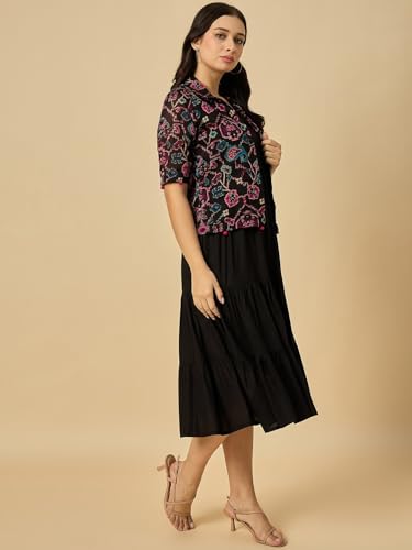 Image of Azira Women Rayon Solid Fit & Flared Dress with Printed Jacket | Perfect for Casual outings, Parties Rayon Fabric|