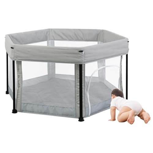 Jtrebuchet ベビーサークル プレイヤード 125cm×110cm×66cm 六角形 折りたたみ式 ベビーフェンス ソフト 透気 メッシュフェンス 軽量 洗える 子供用 安全柵 対象年齢層3ヵ月から 室内外対応 赤ちゃん 囲い 組み立て不要 マット