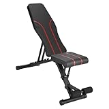 Fitness Tech Banco Musculación Multiposición de Acero, Negro con Rojo, Ajustable para Ejercicios, Superficie PU, Capacidad 200kg, con Rodapiés Foam, 109x35x47-114cm