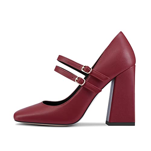 DearOnly Women Chunky Block High Heel Square Toe Pumps Mary Jane Buckle Wedding Dress 3.9 Inches Heels2