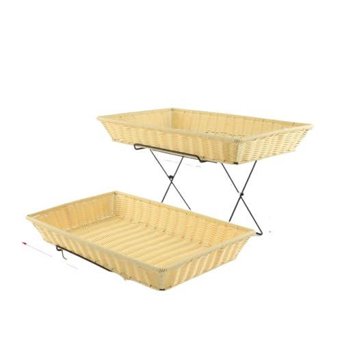 Sefoemut蓋付き二段式パンバスケット、パン・ケーキ・お菓子・果物の展示と保存、カントリー調 大容量 二段式、籐風、トレイ用透明カバー、フタ付き、お手入れ簡単、その他の機能 (ダブルレイヤー 大型ベージュ深バスケット 53*33*8cm-蓋なし)