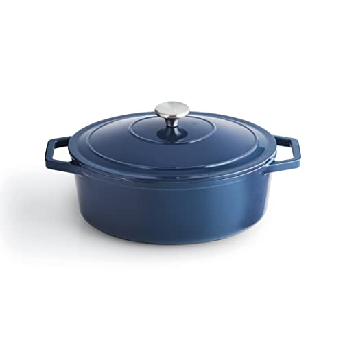 Qulinart by Brandt - Cocotte en Fonte d'Acier Individuelle Couvercle en Fonte avec Bouton en Inox - Convient pour Induction - Passe au Four - Bleu (Ovale)