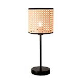 KUNJOULAM Bamboo Weaving Table Lamp with Handmade Rattan Shade, Small Decorative Vintage Metal Desk